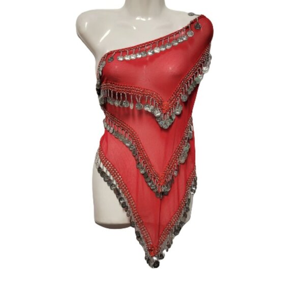 Red Hip Scarf 4 Rows Coin Tassels Long and Wide Wrap Scarf Belly Dance Skirt NEW - Picture 1 of 5
